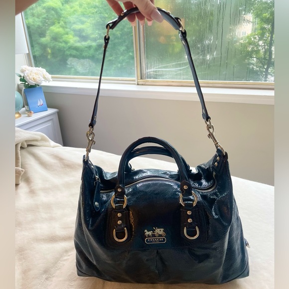 Coach Purse Patent Leather Satchel Navy Glossy Crinkle Blue Handbag Rare Color - Picture 4 of 7
